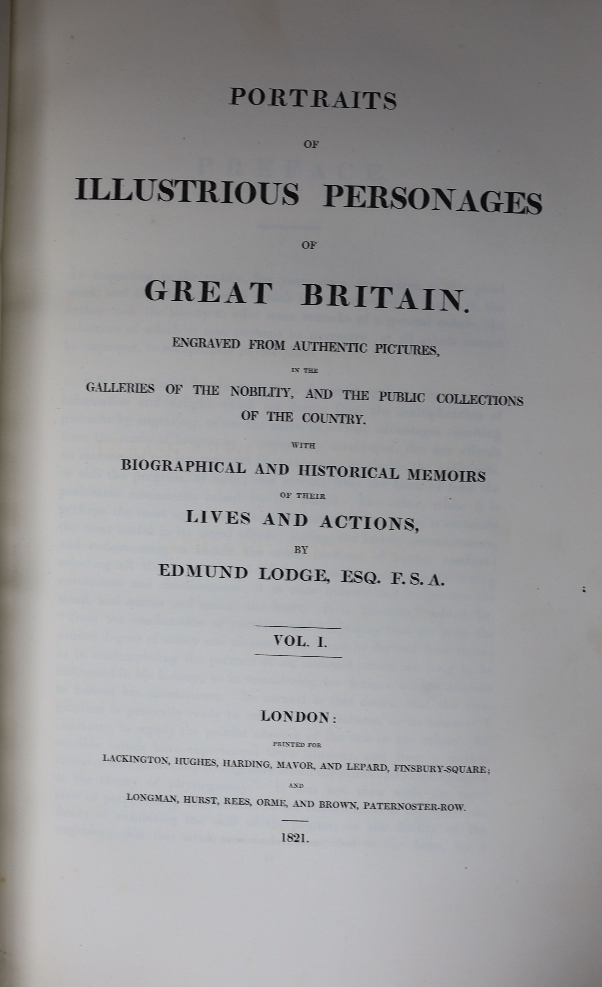 Lodge, Edmund - Portraits of Illustrious Personages of Great Britain ... vols 1 & 2 (of 4). numerous engraved plates, sunbscriber's list, half titles; later green half morocco and cloth, gilt-decorated and lettered panel